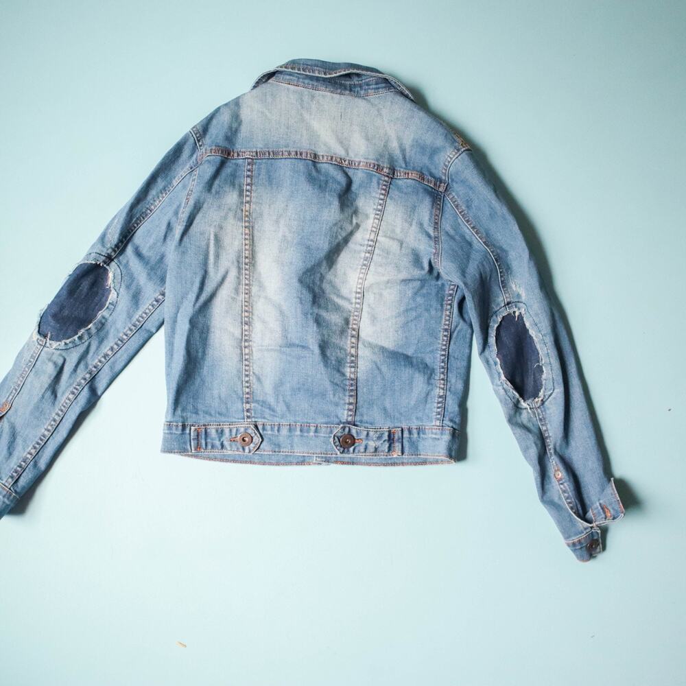 Hudson Y2K Distressed Elbow Patch Jean Denim Jacket Womens Small Casual Basic - Picture 8 of 8